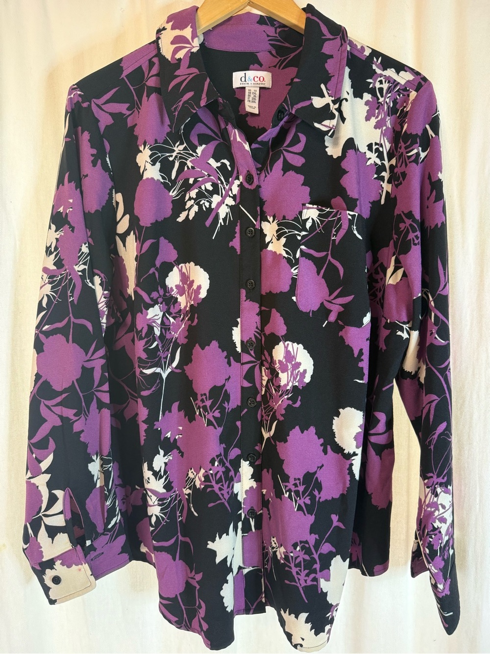 💜Denim & Co. Long Sleeve Button-Down Blouse Purple Black Floral Size💜
